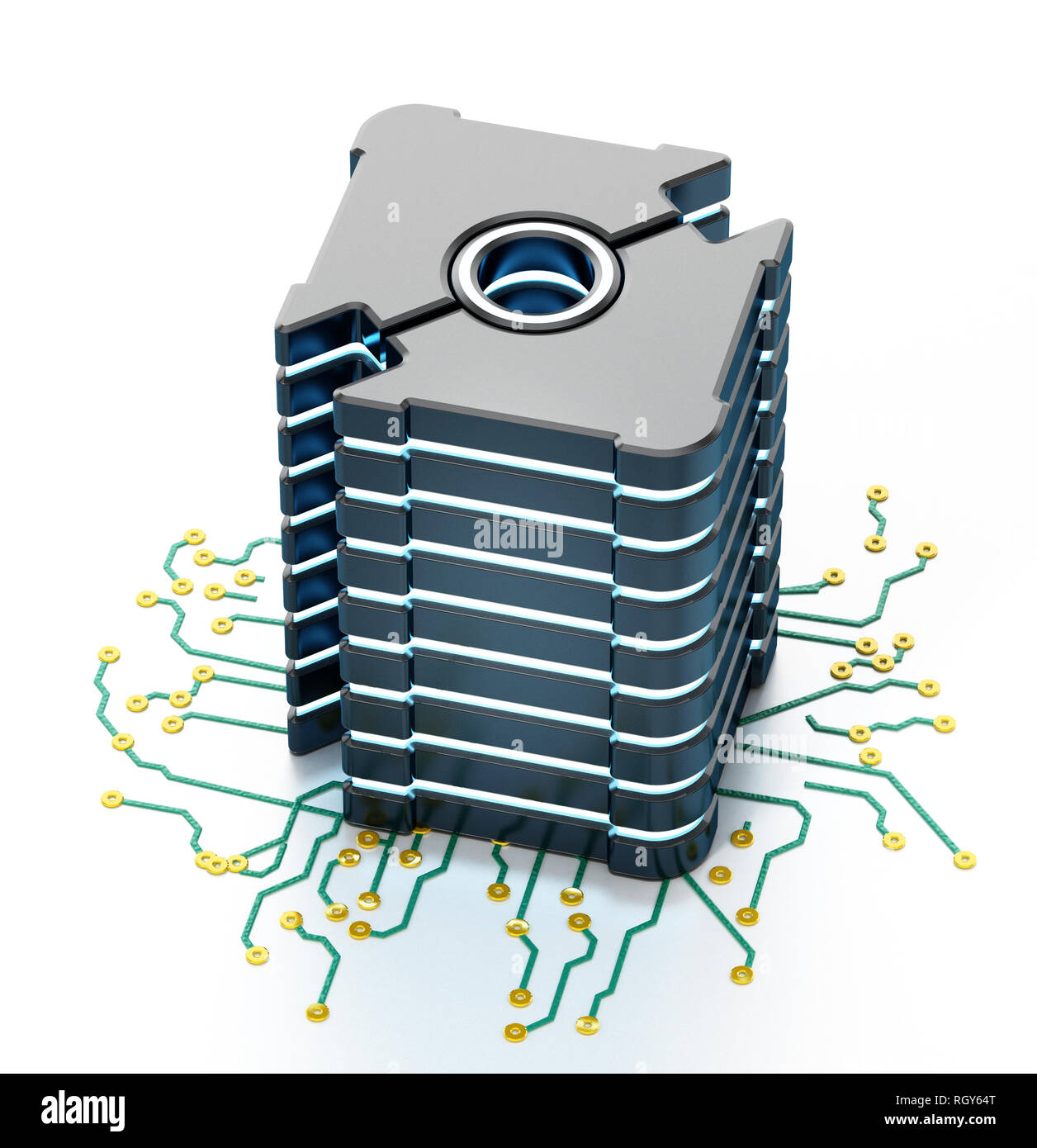 Generic futuristic network server on PCB board. 3D illustration Stock ...