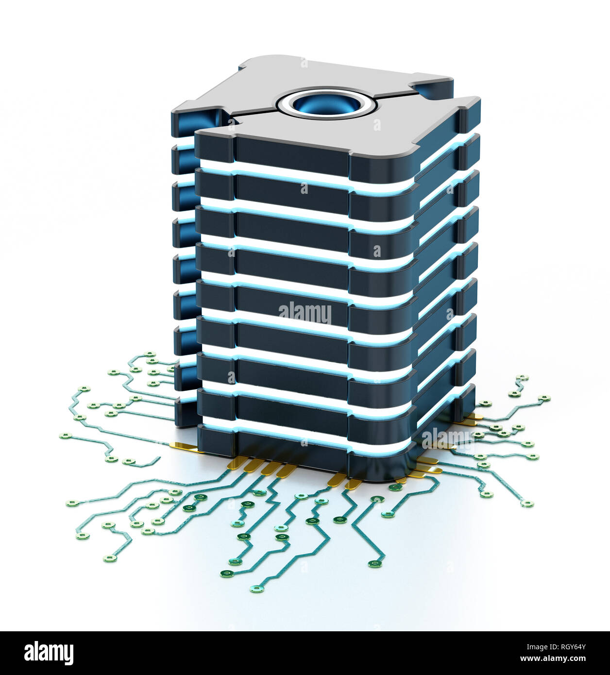 Generic futuristic network server on PCB board. 3D illustration. Stock Photo