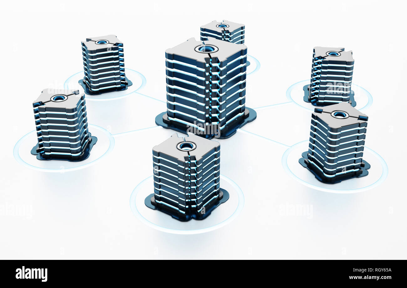 Generic futuristic network servers connected to each other. 3D illustration. Stock Photo