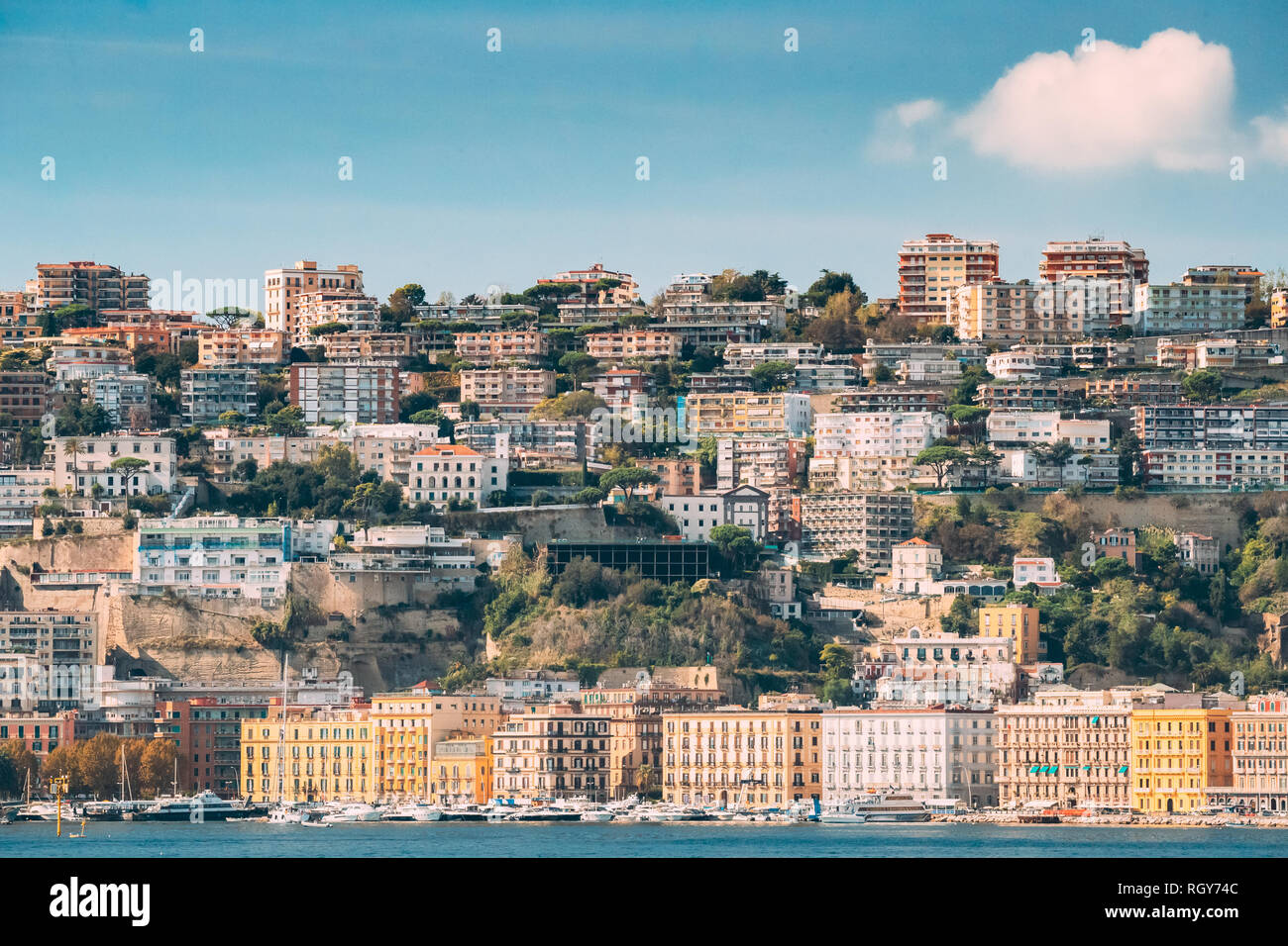 Naples, Italy. Residential Area In Mergellina District. Hilly Cityscape In Summer Sunny Day Under Blue Cloudy Sky. Stock Photo