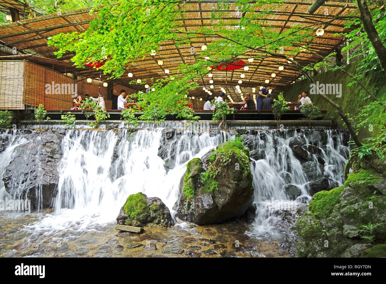 The Japan traditional outdoor restaurant, zen garden, waterfall, green