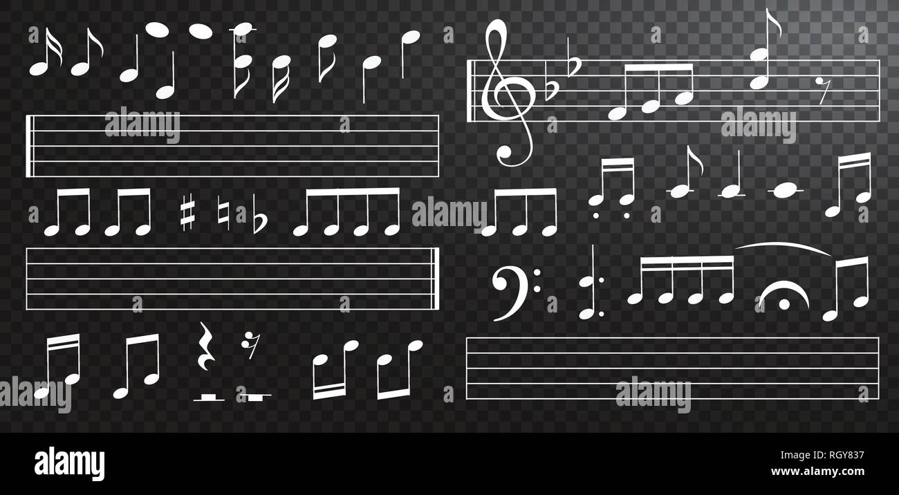 Music notes and keys on black background. Piano keys. Treble clef. Hand drawn effect vector. G