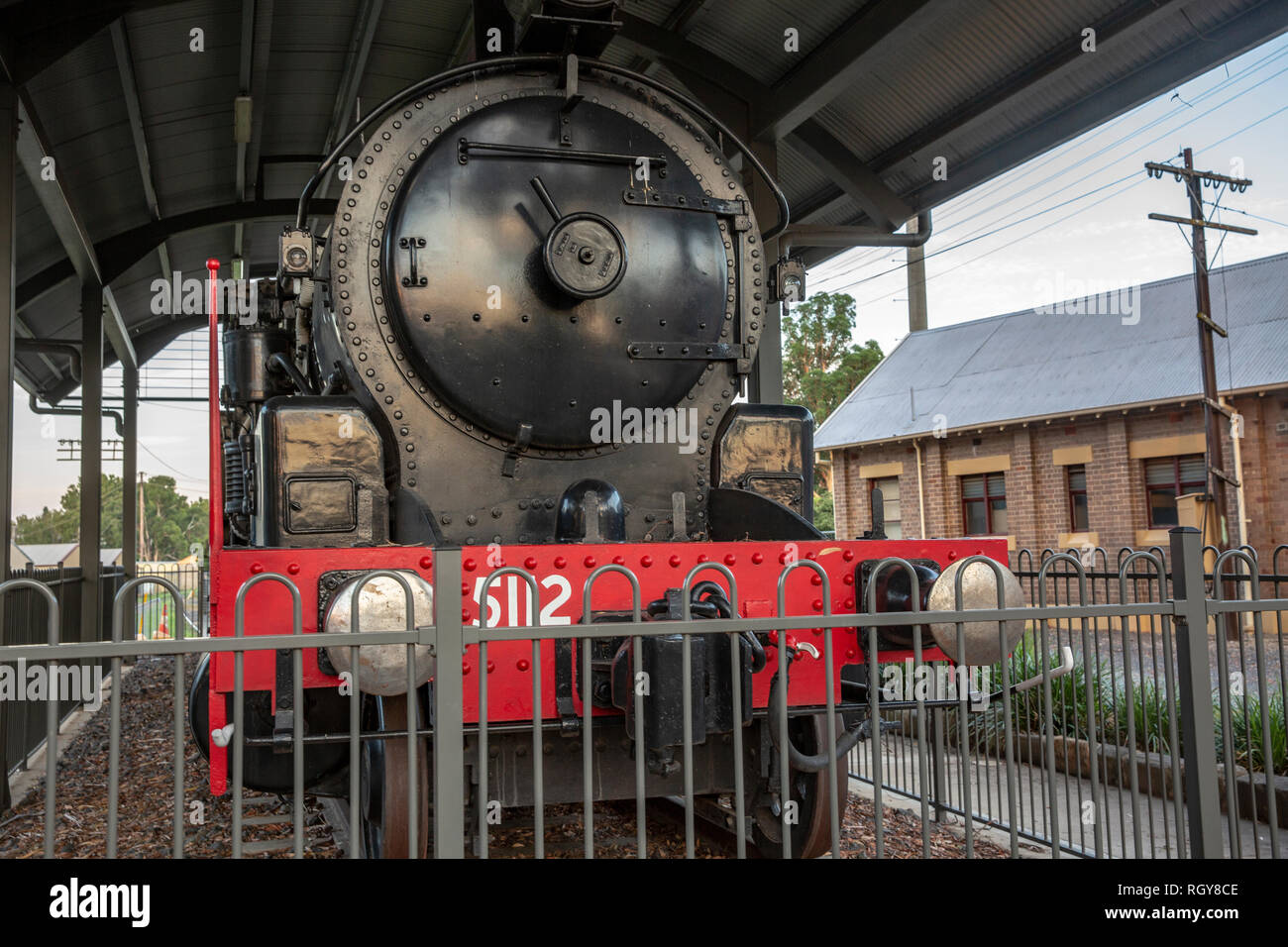 Chifley steam locomotive train engine on display at Bathurst railway station, New South Wales,Australia Stock Photo