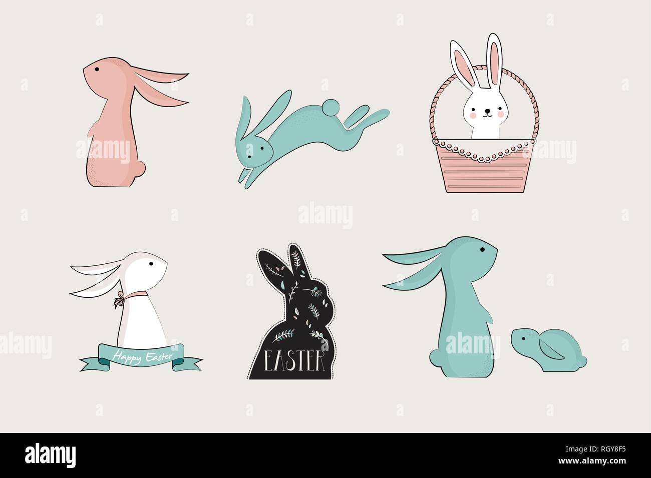 set of cute bunnies and rabbites for easter cards Stock Vector