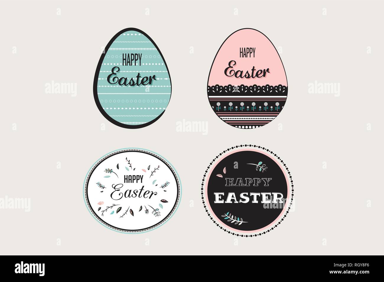 Easter elements with decorated egg and floral emblems. Stock Vector