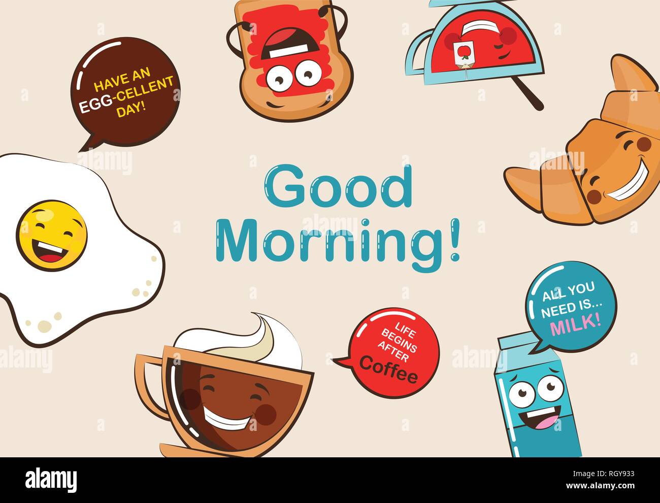 set of funny breakfast food icons. Cartoon face food emoji. Funny food concept. vector illustration Stock Vector