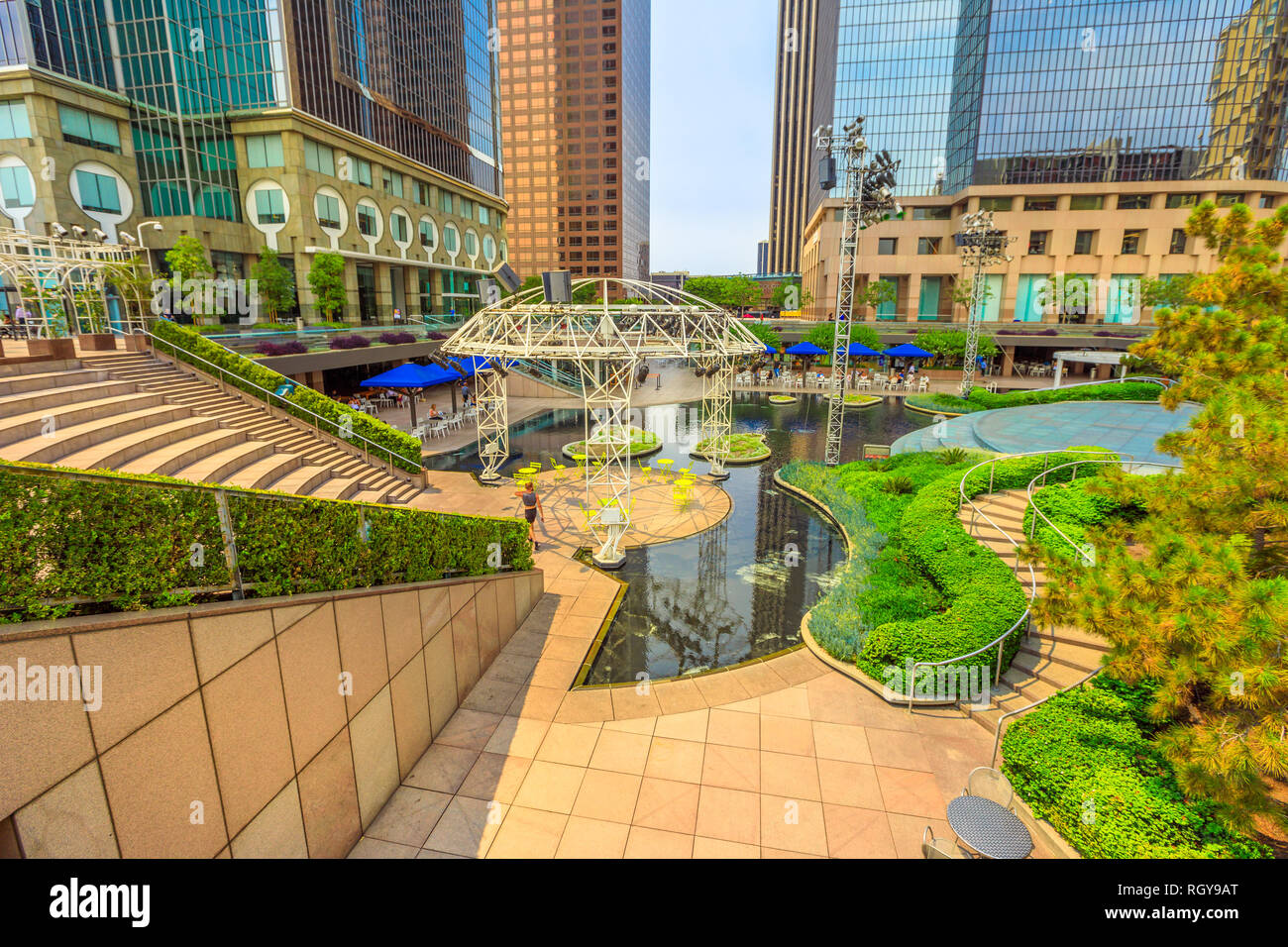 Los Angeles, California, United States - August 9, 2018: fountain of One and Two California Plaza, skyscrapers of California Plaza Project complex Stock Photo