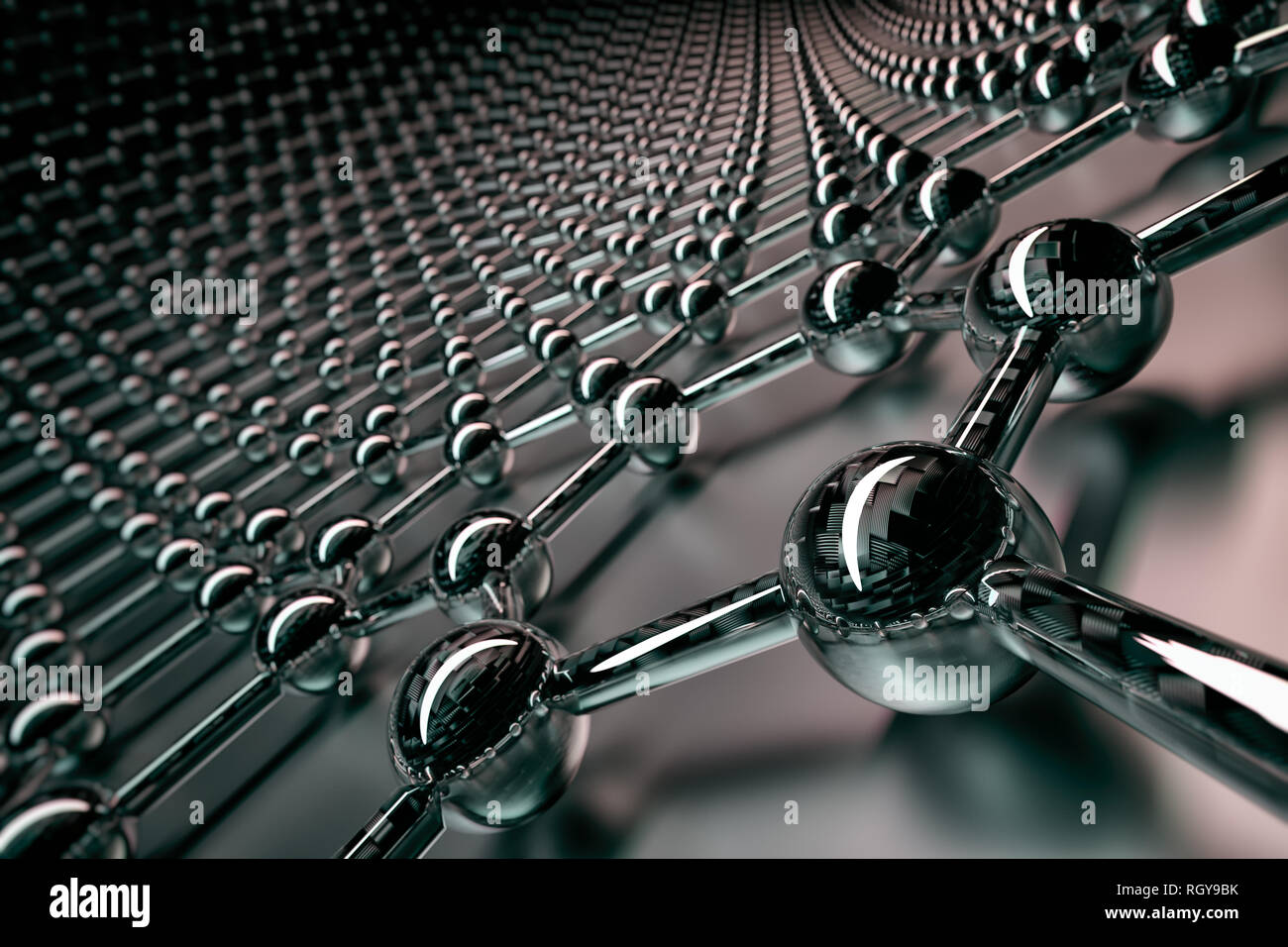 3D rendering of graphene surface, black atoms and bonds with carbon ...