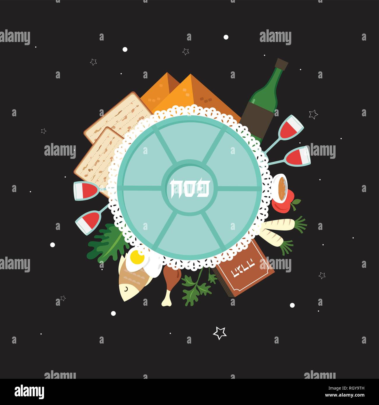 Passover seder plate with flat traditional icons over night background