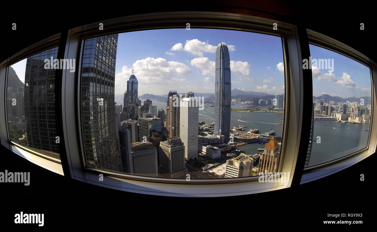 View through the windows at the public gallery floor of the Bank of China, Central financial district, Hong Kong, China. Stock Photo