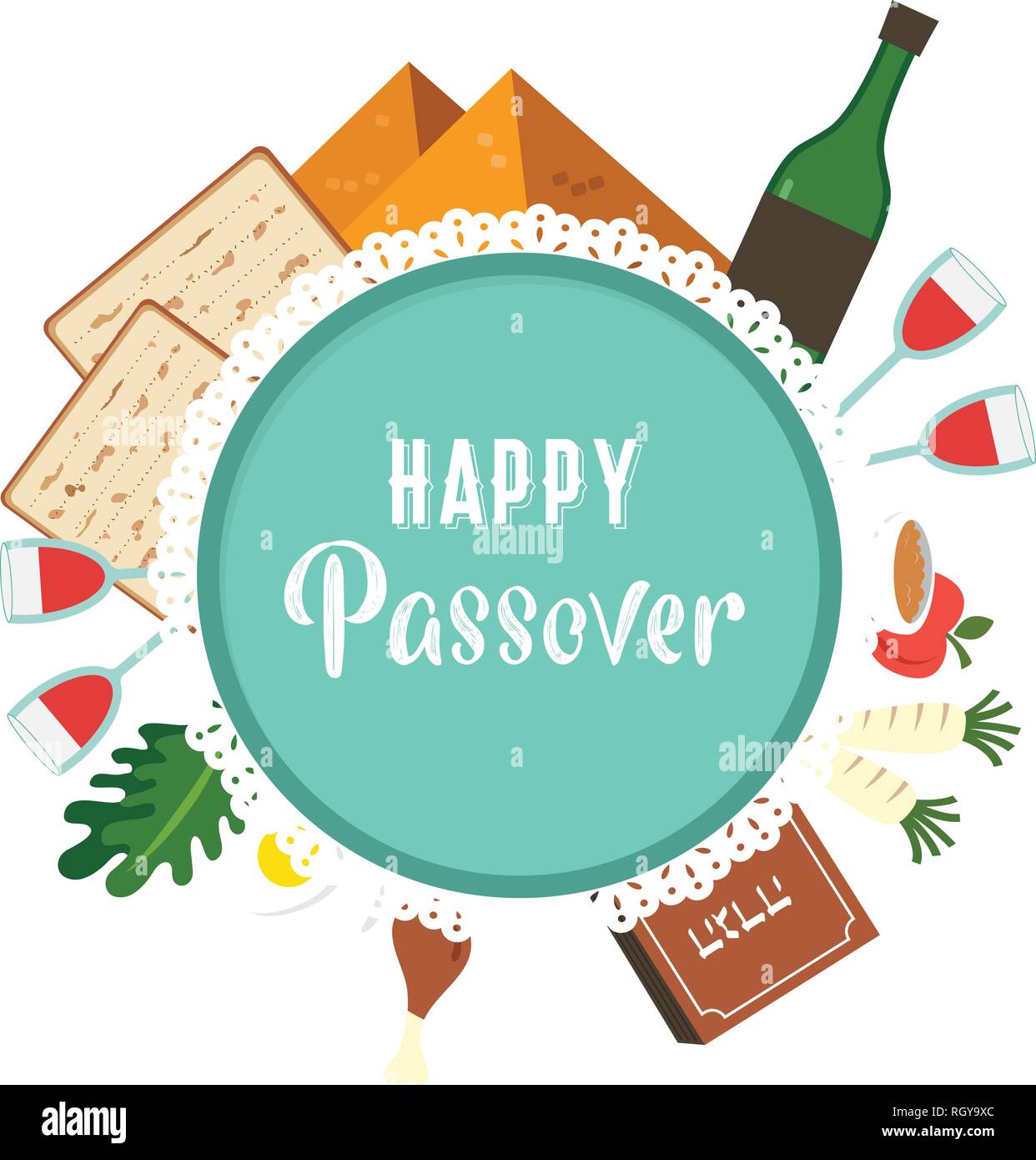 Passover seder plate with flat traditional icons. greeting card design