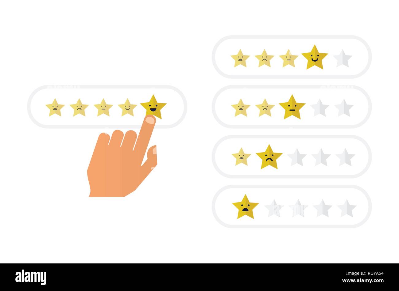Hand with pointing finger pointing to rating stars. Flat illustration