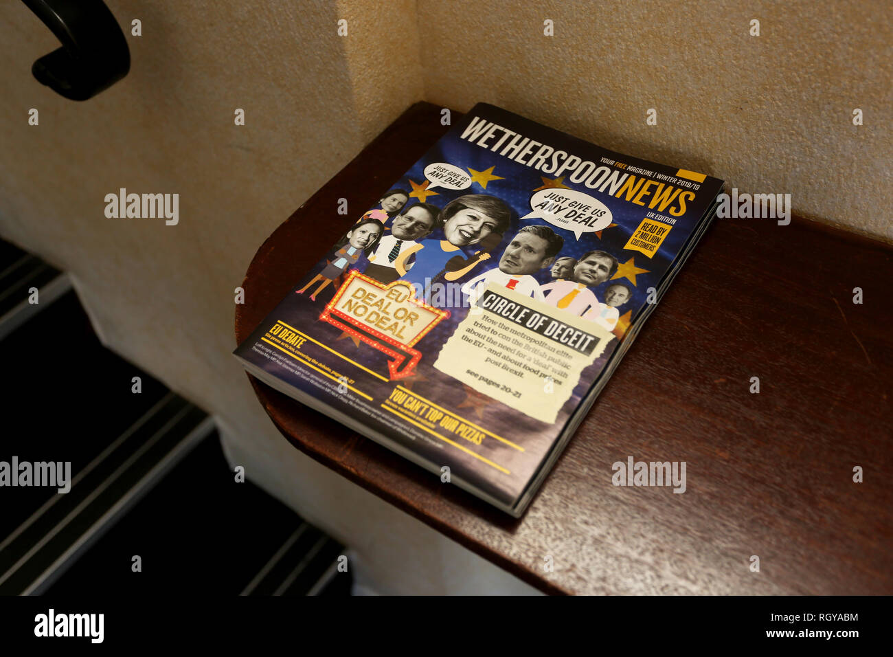 General view of a stack of Weatherspoon News magazines pictured in Bognor Regis, West Sussex, UK. Stock Photo