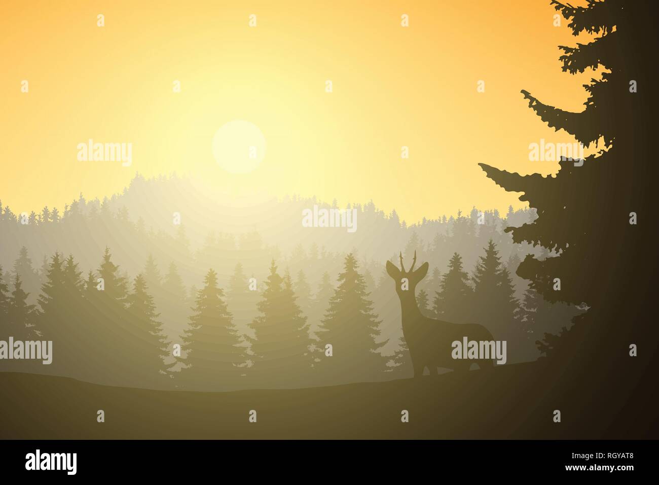 Realistic illustration of mountain landscape with coniferous forest and ...
