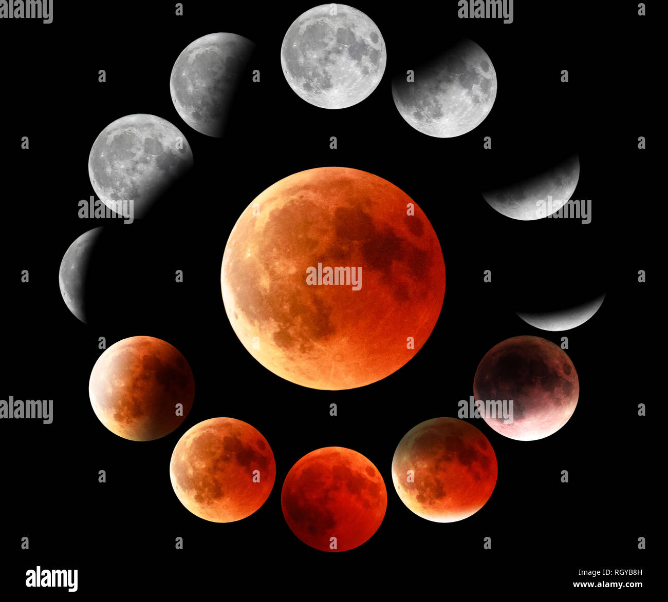 Full red moon phases in circle on black background. The total phases of the lunar eclipse turning red. Stock Photo