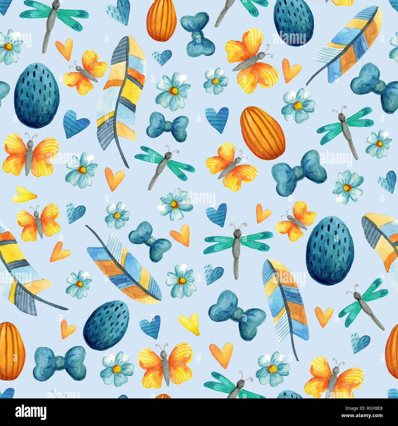 Seamless pattern with cute Easter watercolor illustrations. Stock Photo