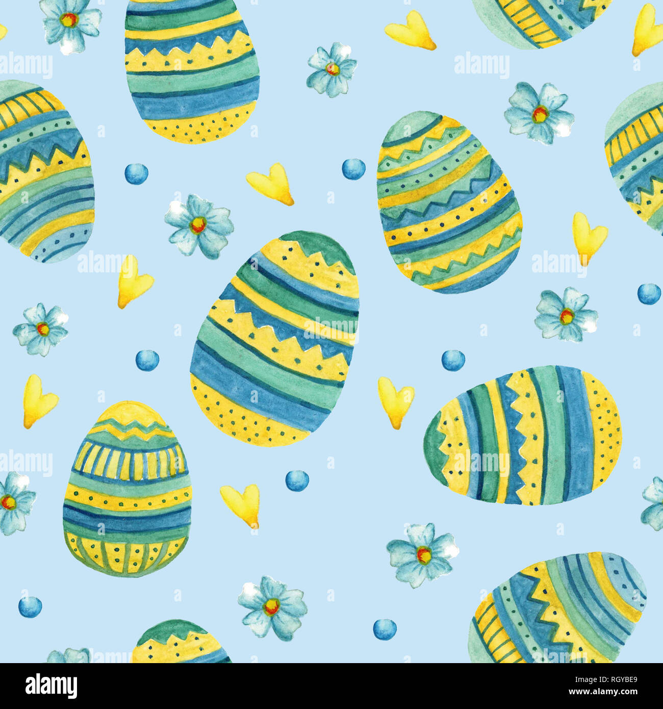 Seamless pattern with cute Easter watercolor illustrations. Easter eggs Stock Photo