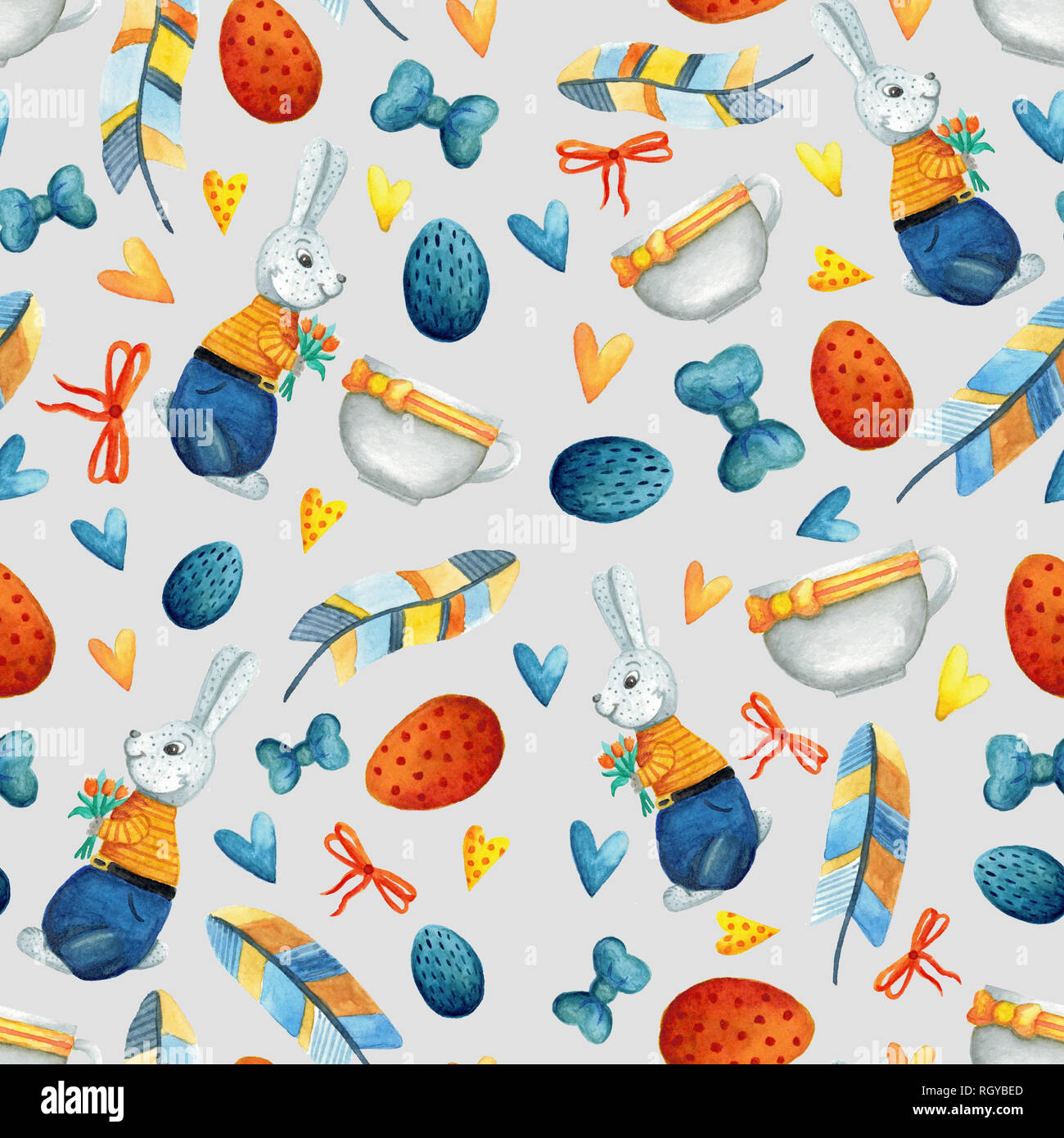 Seamless pattern with cute Easter watercolor illustrations. Stock Photo