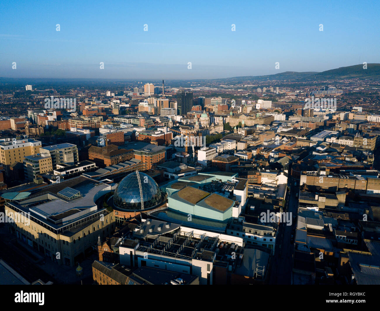 Aerial view over Belfast city centre Stock Photo
