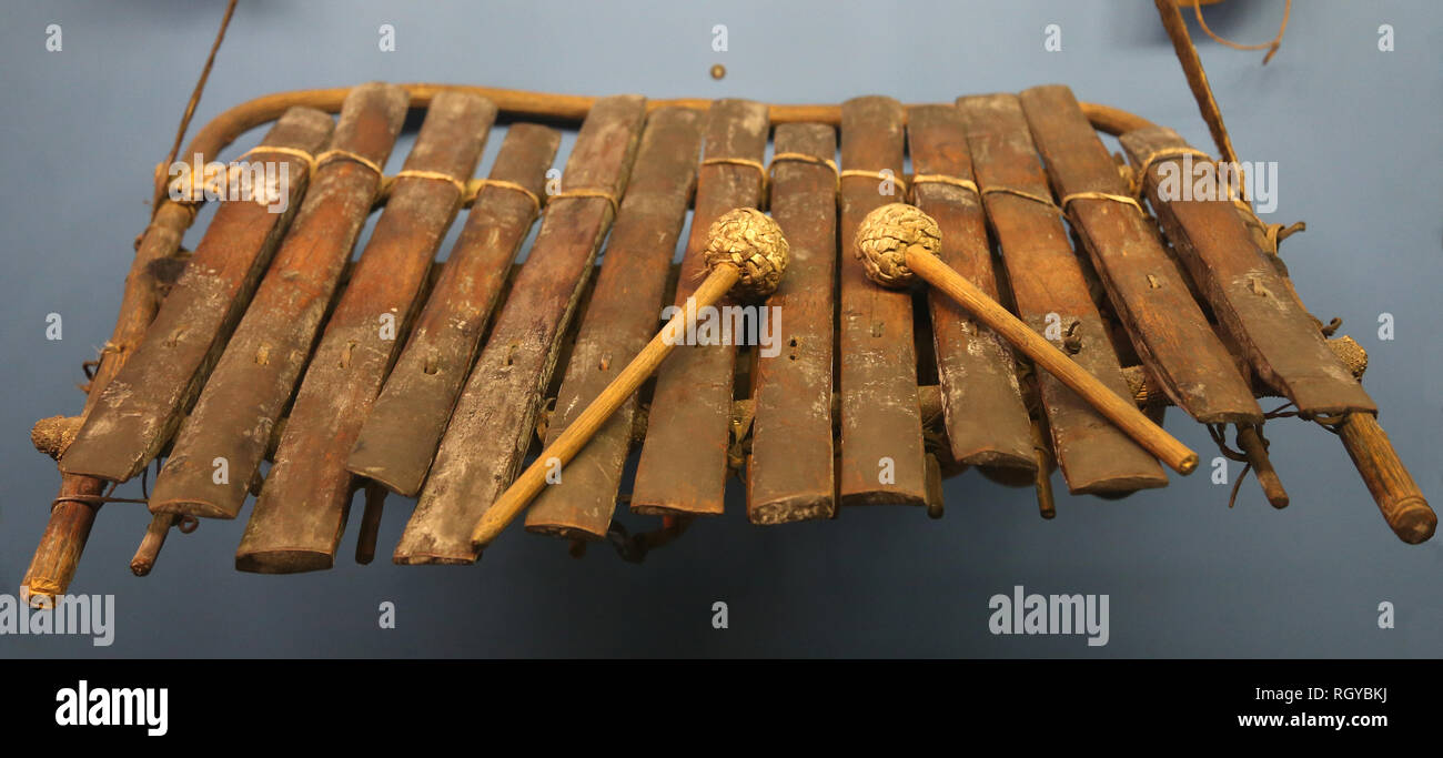 Musical instrument. Idiophon. Balofon and two beaters. Chad. Africa. Stock Photo