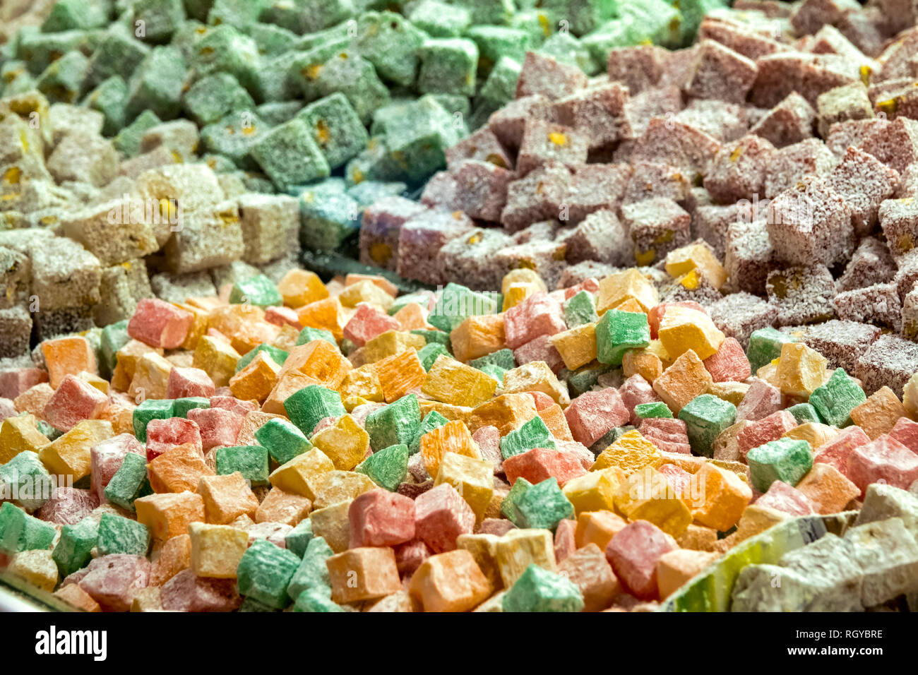 Close up shot of some turkish delight Stock Photo
