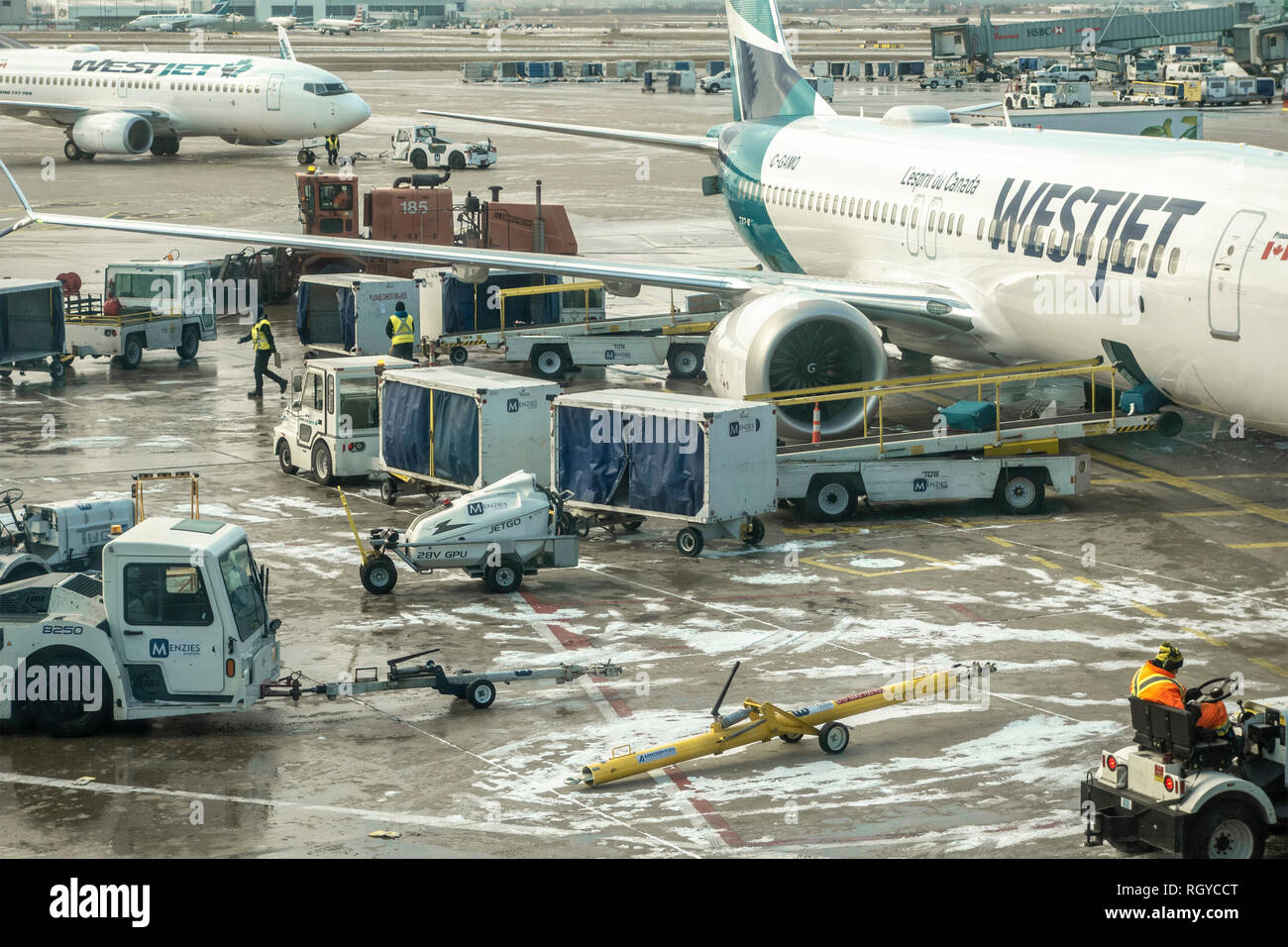 Baggage being unloaded off a Westjet Boeing 737 on tarmac at Pearson Airport in Toronto, Ontario. Stock Photo