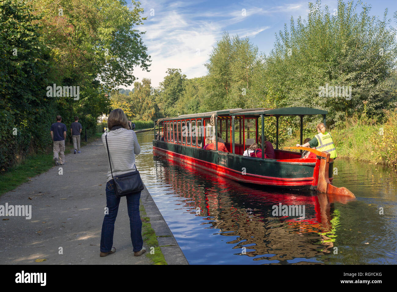 Llangollen, Denbighshire, Wales, United Kingdom.  Boats on the Llangollen canal.  These craft, known as narrowboats, were designed specifically for th Stock Photo