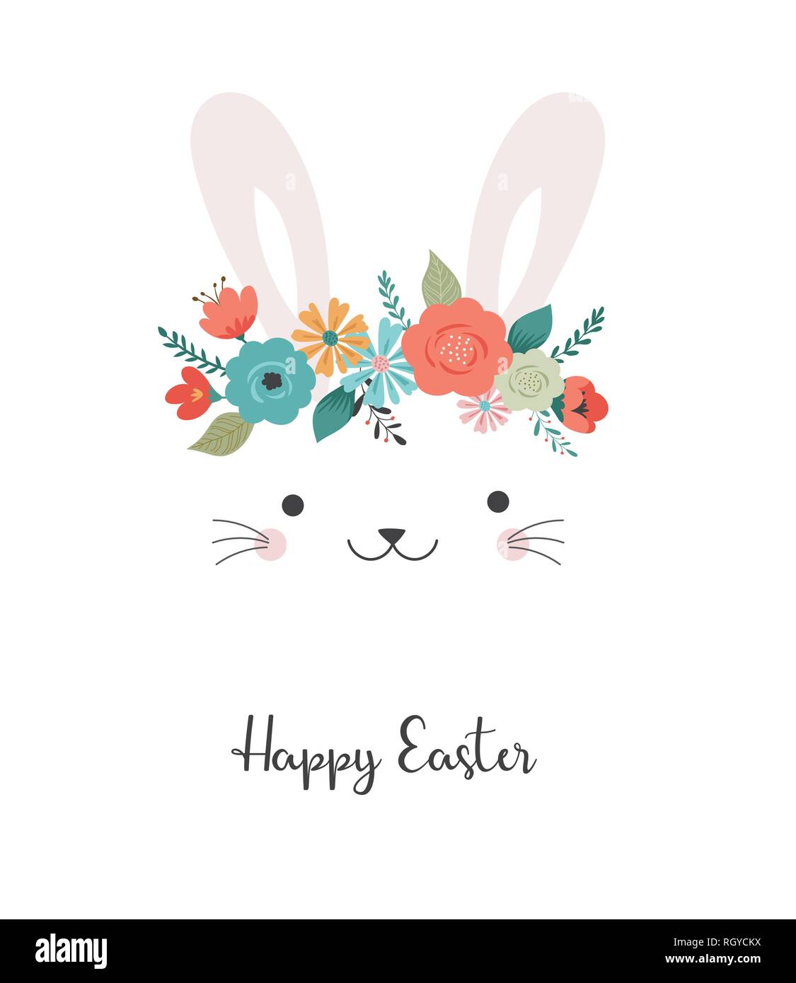 Happy Easter card - cute bunny with flower crown, vector illustration Stock Vector