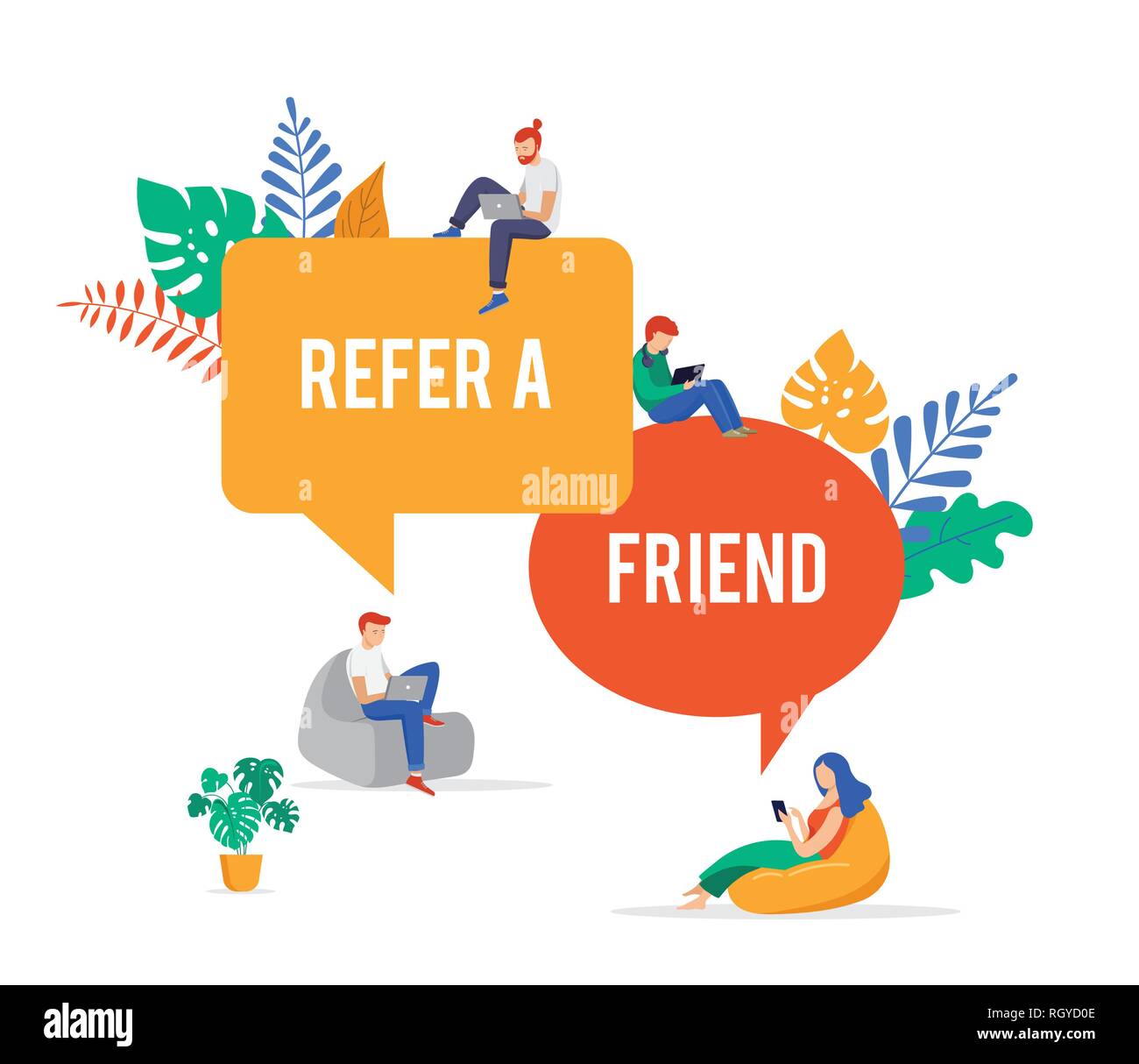 Refer a friend illustration. Big megaphone with a team work. Concept media for landing page
