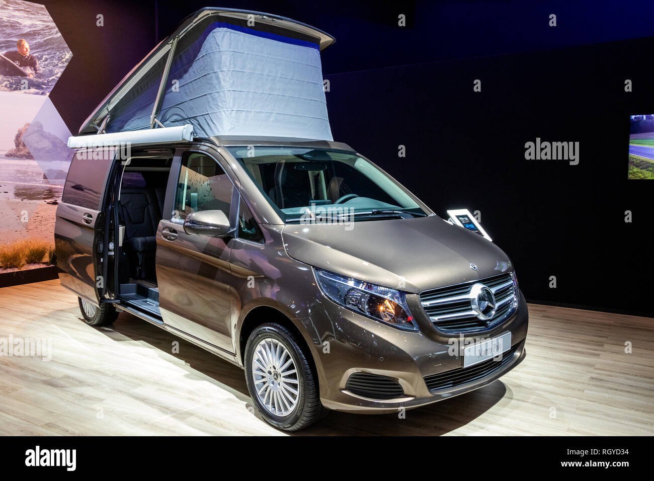 BRUSSELS - JAN 18, 2019: Mercedes Benz V-Class Marco Polo camper van  showcased at the 97th Brussels Motor Show 2019 Autosalon Stock Photo - Alamy