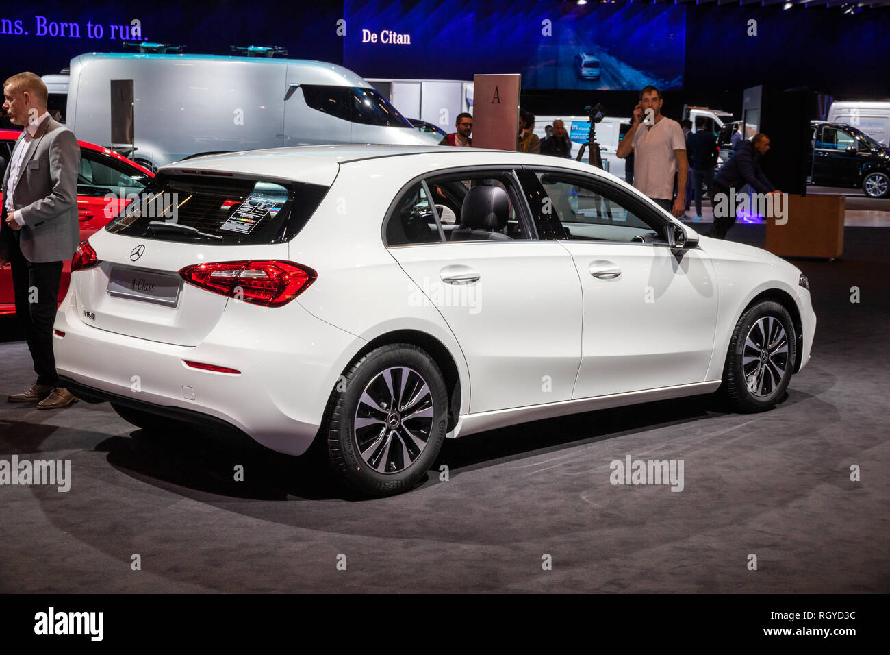 BRUSSELS - JAN 18, 2019: Mercedes Benz A-Class car showcased at the 97th Brussels Motor Show 2019 Autosalon. Stock Photo