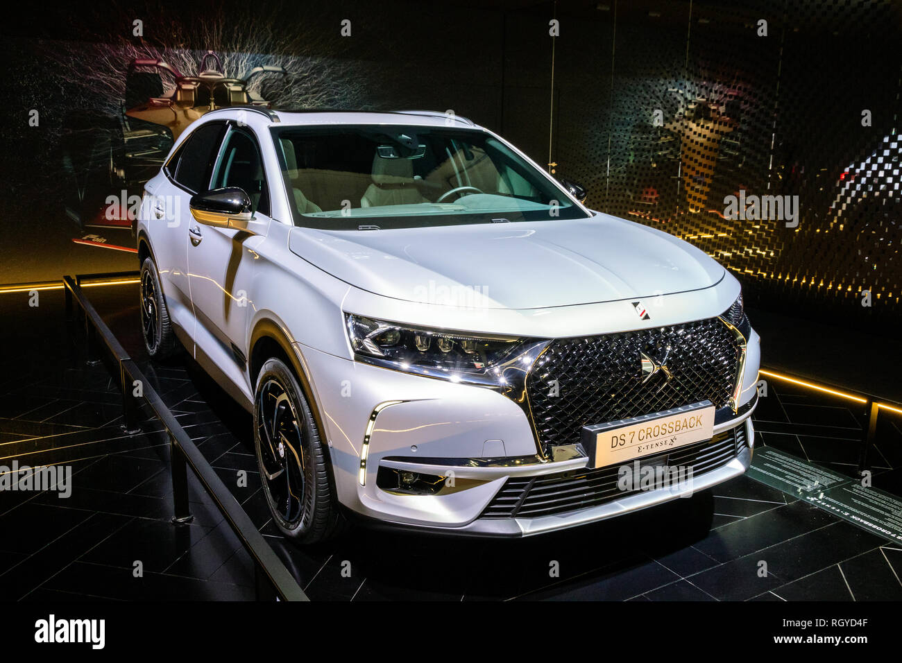 BRUSSELS - JAN 18, 2019: Citroen DS 7 Crossback E-Tense 4x4 car showcased at the 97th Brussels Motor Show 2019 Autosalon. Stock Photo