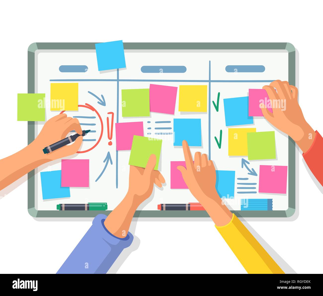 Board with empty stickers or notes, people hands Stock Vector