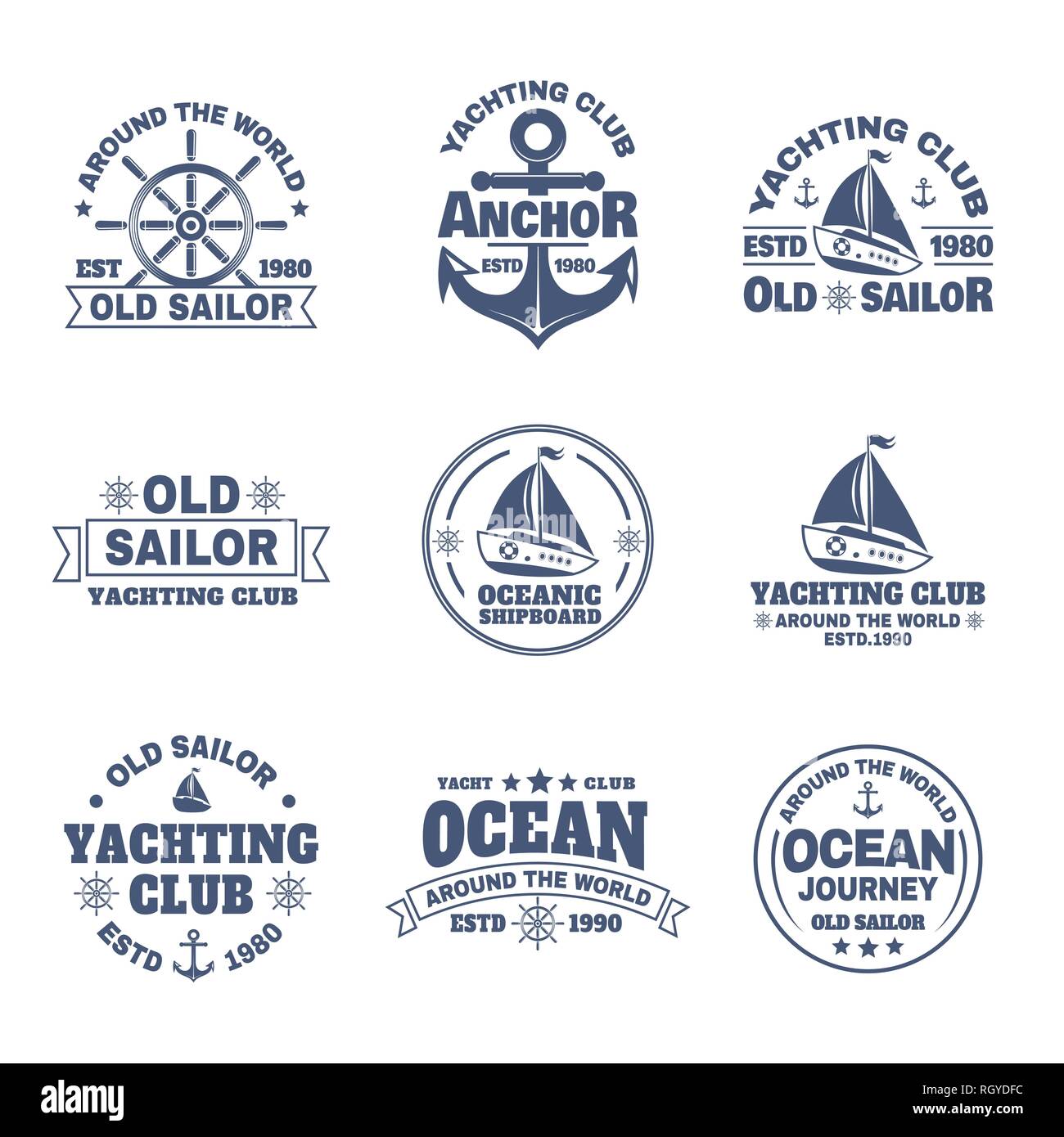 Set of isolated logo with boat or ship, yacht Stock Vector