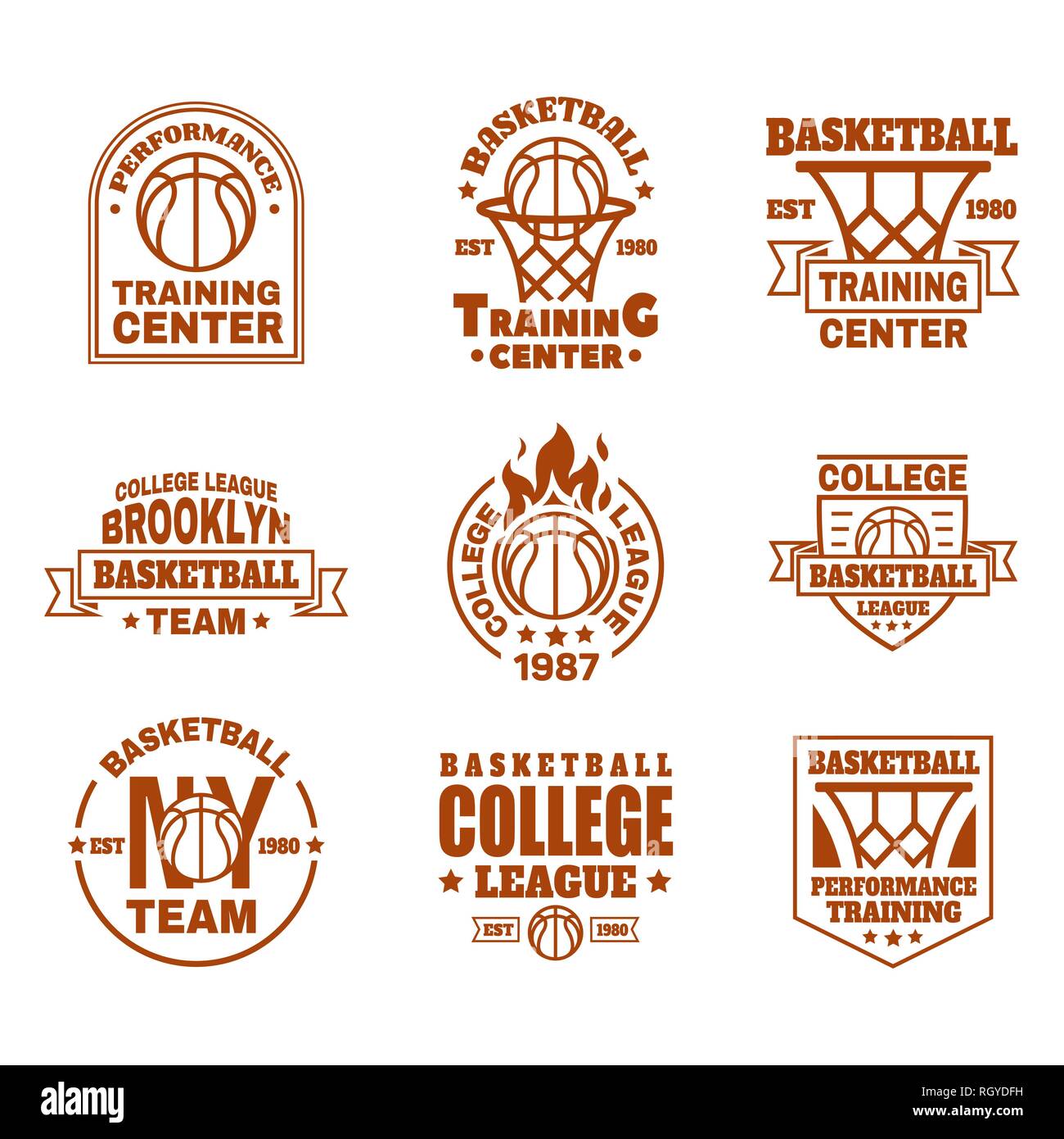 Set of isolated basketball icons with ball, basket Stock Vector