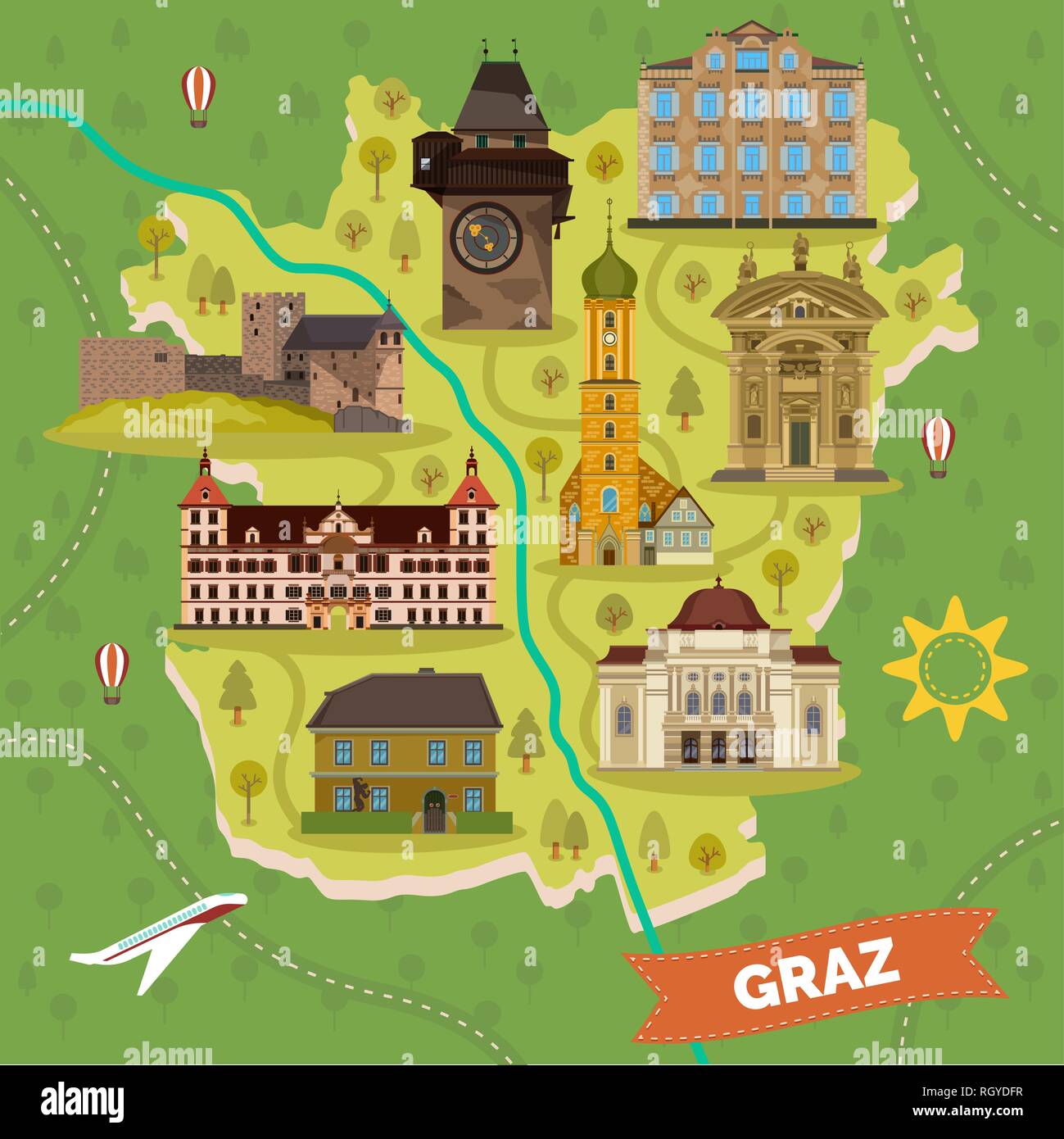 Graz town map with sightseeing landmarks Stock Vector