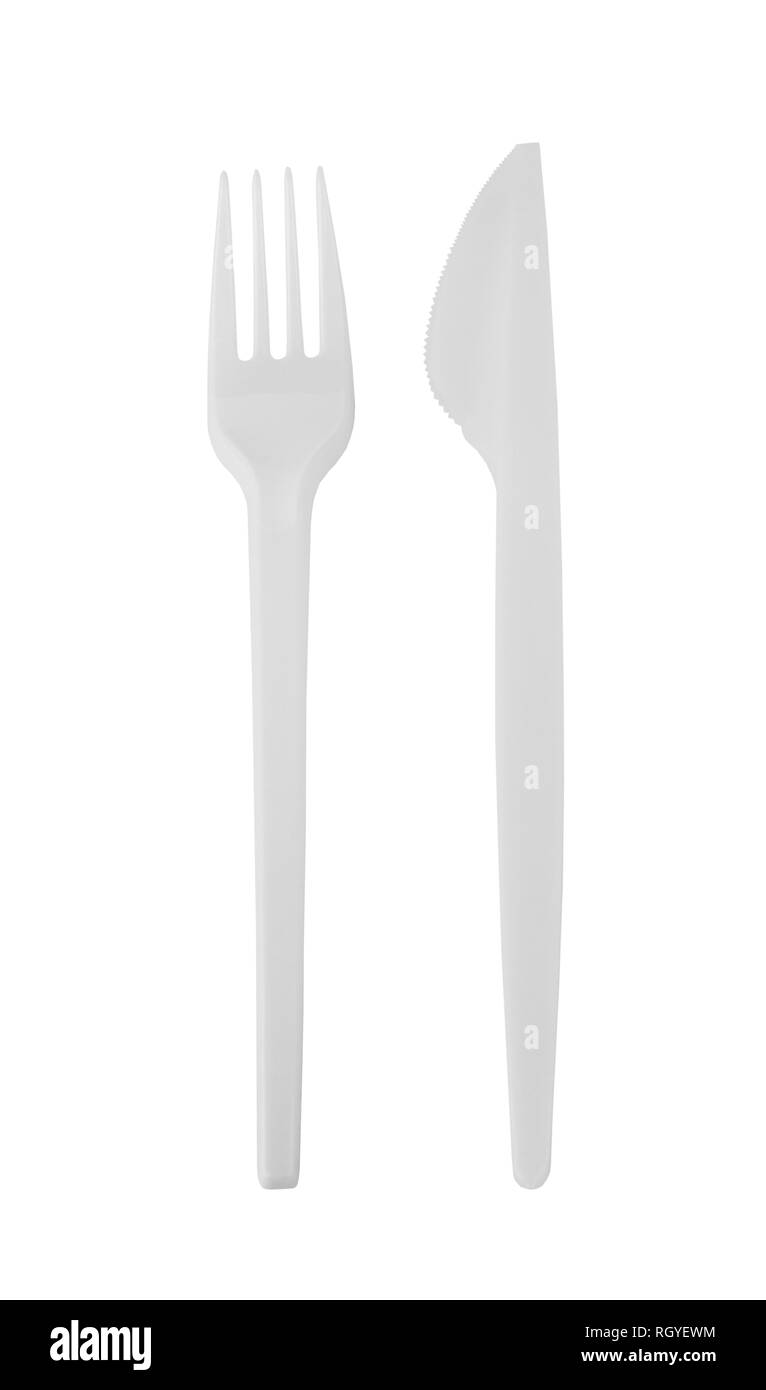 Plastic cutlery set with fork and knife on white Stock Photo