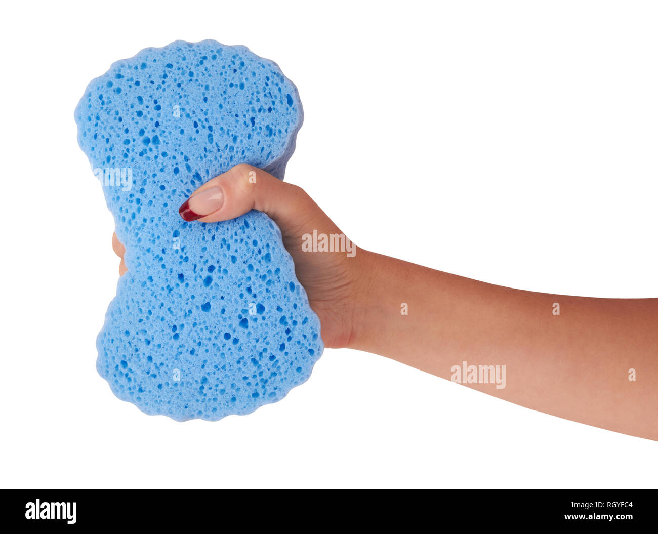 blue sponge in hand isolated on white background Stock Photo