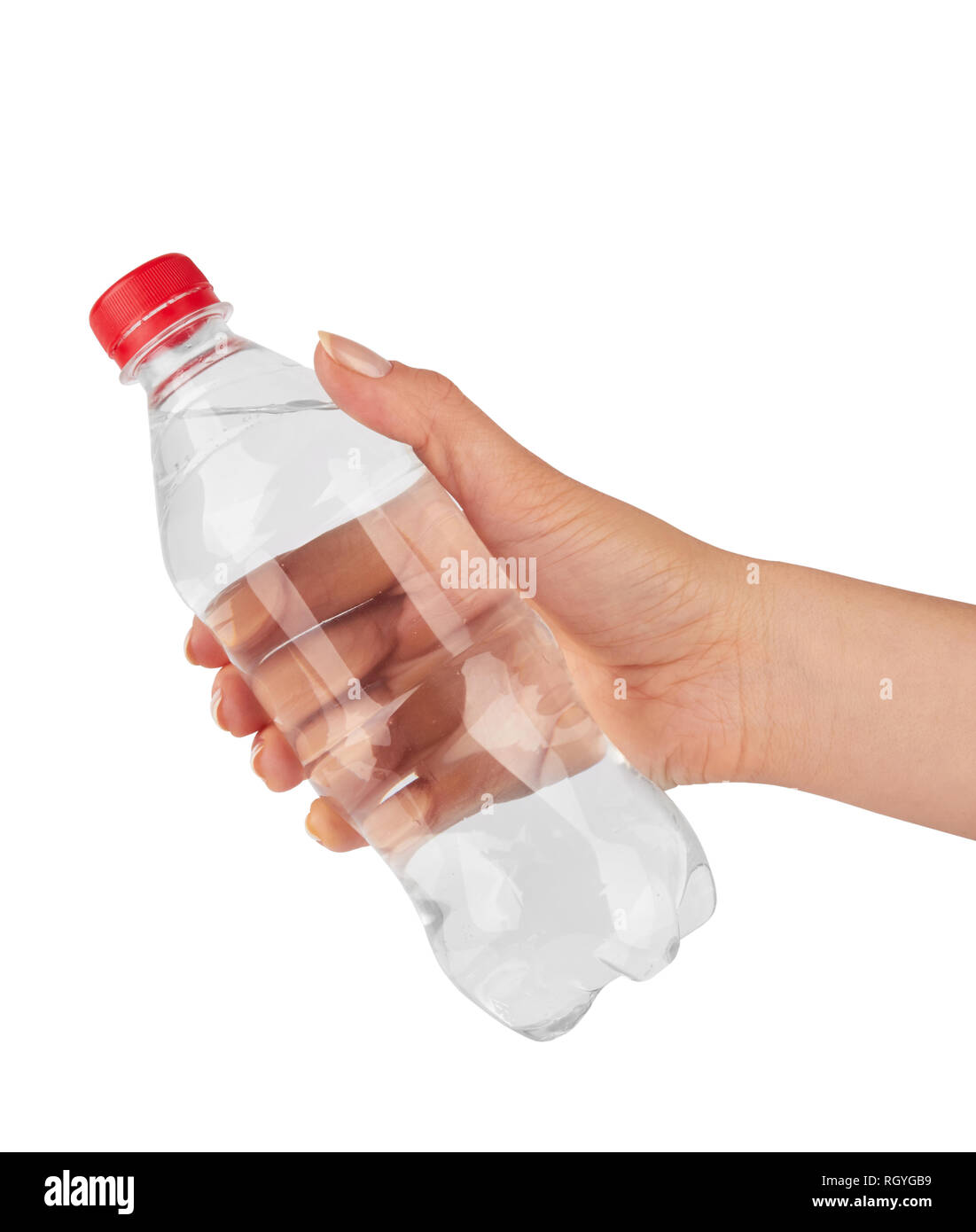 Woman holding a bottle of water isolated on white background Stock Photo