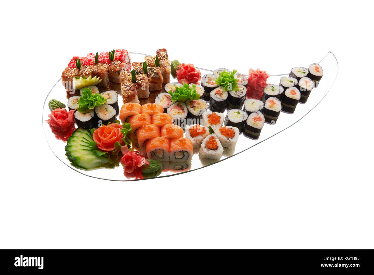 Different Types Of Sushi On Mirror Isolated On White Stock Photo Alamy
