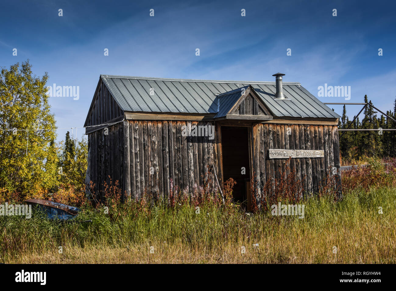 Old cabins at the ghost town of Boundary, Alaska on the Top of the