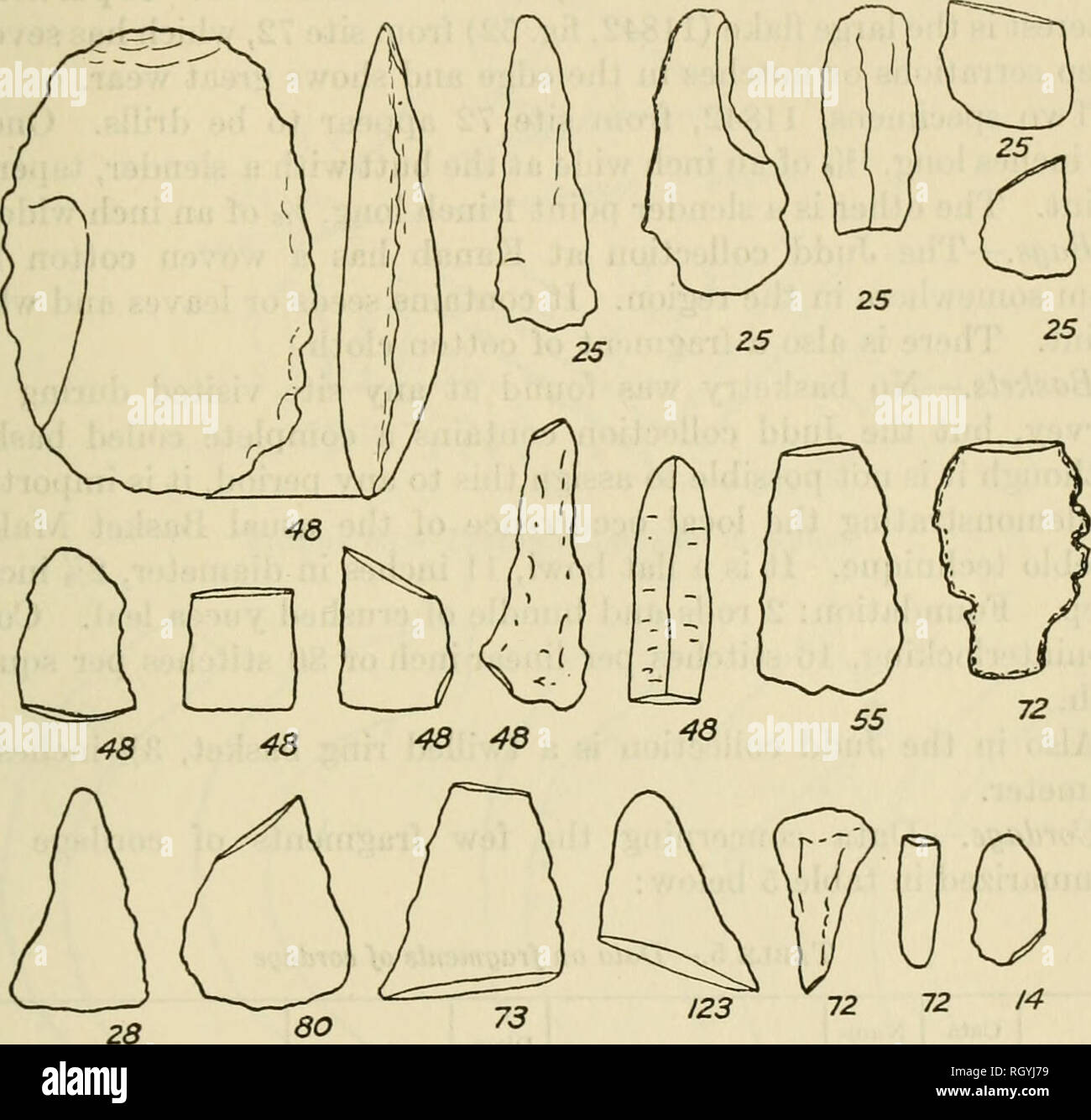 . Bulletin. Ethnology. Anthbop.Pap.no. 18] UTAH ARCHEOLOGY—STEWARD 315 (11852), site 72, is side-notched like Basket Maker atlatl dart points. The later type B is a slender, triangular point with a concave base and no notches. These range from Wis of an inch to over 1% inches in length. Several points from site 72, however, have a slight tang within the concave base. This site is also of interest in that both types A and B were found here although architecturally and ceramically the site is late. Site 64 also had both styles.. Figure 52.—Knives, drills, and scrapers. Numbers indicate sites in  Stock Photo