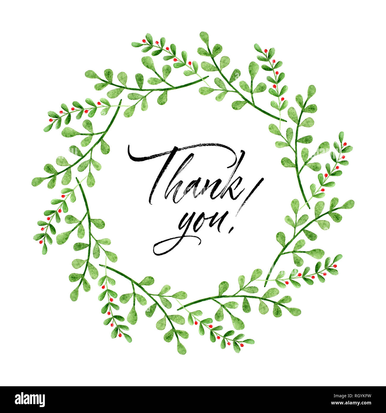 Watercolor wreath with Thank you text. Hand painted branches and ...