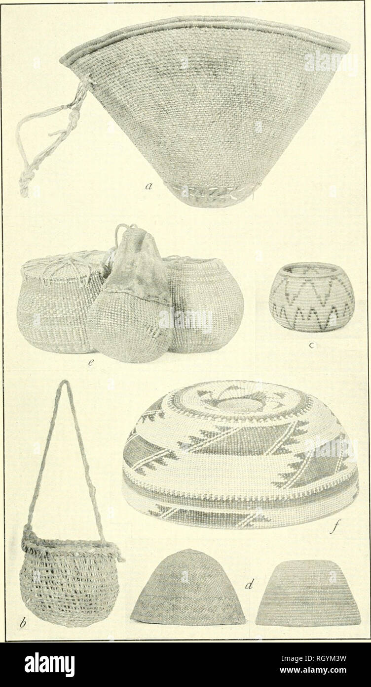 Bulletin. Ethnology. BUREAU OF AMERICAN ETHNOLOGY BULLETIN 78 PLATE 73.  BASKETS AND CAPS a, Chemohuevi carrying basket, diagonally twined; 6,  Luiseno, crude plain twining; c, Ca- huilla; d, Cahuilla caps, diagonally