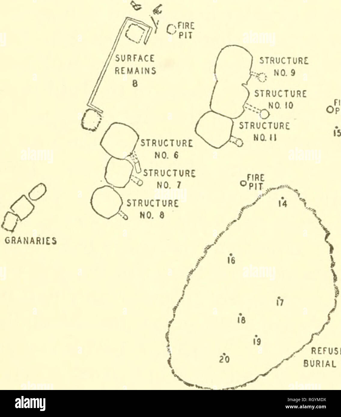 . Bulletin. Ethnology. A^5 O STRUCT 3 N0.4 URt t y ) &quot;^ RETUSE AND BURJAL MOUNO STRUCTURES   , NO. 5. FOl NO. 5k â -o. 1 V. REFUSE AND BURIAL MOUND FiGUEE 1.âGroup 1 pit and surface remains. Numbered dots indicate location of burials. from the beginning of the use of pit structures. Traces of their pres- ence were found in pit dwellings at the Long H Ranch &quot; and a num- ber of the structures excavated in 1931 and 1932, in addition to No. 1, gave ummstakable evidence of their use. It is not possible, of course, Â» Roberts, 1931, pp. 33-34, 56.. Please note that these images are extract Stock Photo