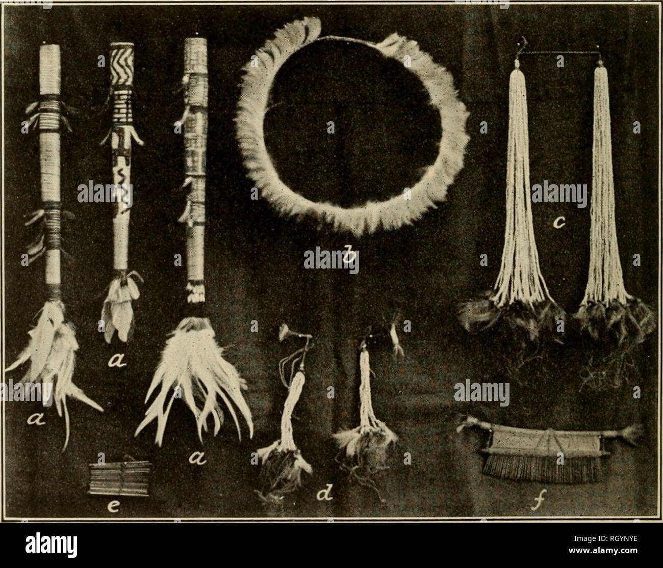 . Bulletin. Ethnology. A, Various Waiwai ornaments and implements, a, Bush-hog scraper. (Sec. 18.) 6, Male cheek ornament. (Sec. 504.) c, Nose ornament. (Sec. 505.) d, Stage in the making of a comb. (Sec. 517 A.) e. The compound brush cured for curare painting. (Sec. 122). B, Various Waiwai ornaments, etc. a. Three simple forms of hair tubes. (Sec. 515.) 6, A feather fillet. (Sec. 530.) c, A necklet. (Sec'. 531.) d, Two ear ornaments. (Sec. 506.) e,/, Hair comb in progress of construction. (Sec. 517 A). Please note that these images are extracted from scanned page images that may have been dig Stock Photo
