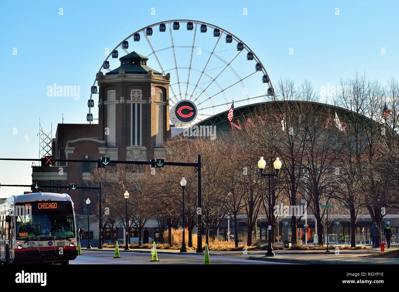 Chicago, Illinois, USA. Navy Pier on a cold, clear January morning is all but deserted except for the CTA bus on its route to the city's downtown. Stock Photo