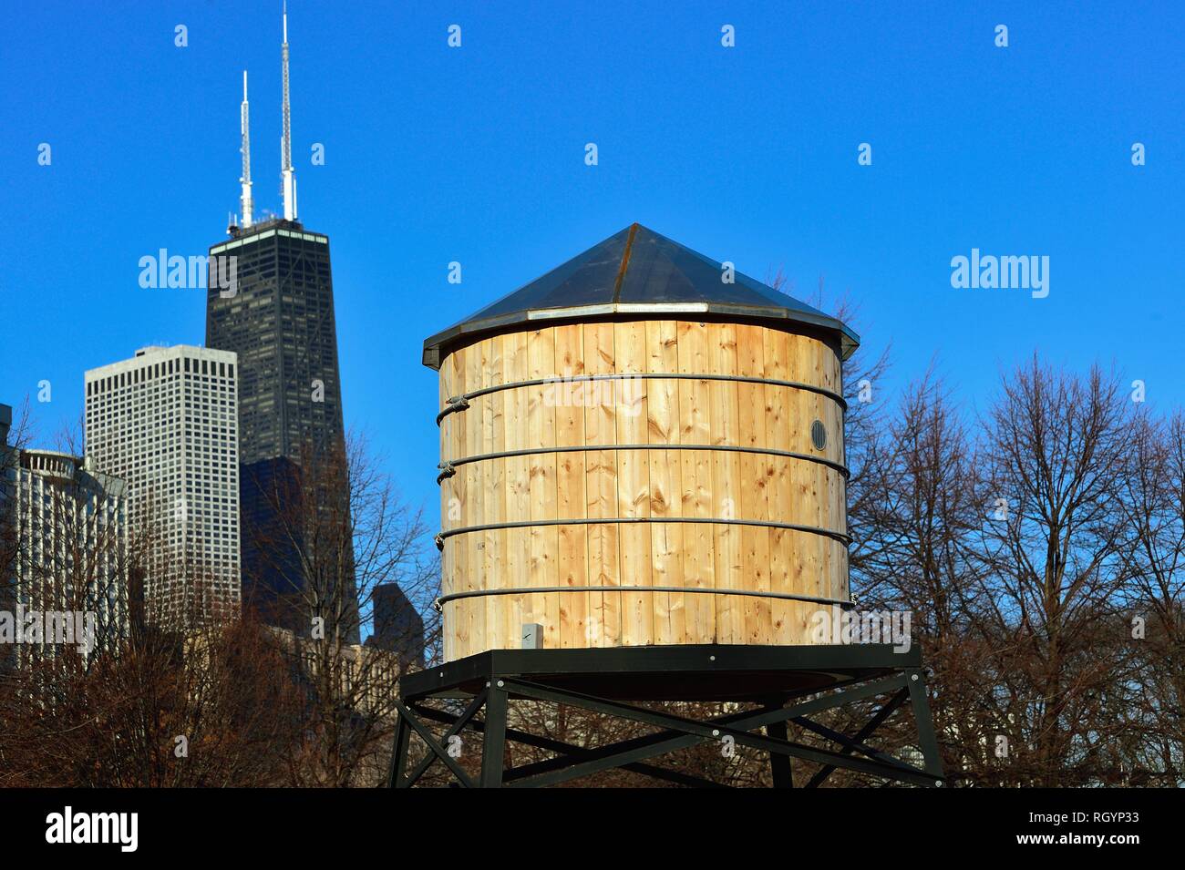 Chicago, Illinois, USA. Miniature, replica water towers dot a park area