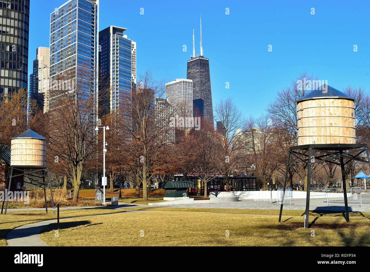 Chicago, Illinois, USA. Miniature, replica water towers dot a park area