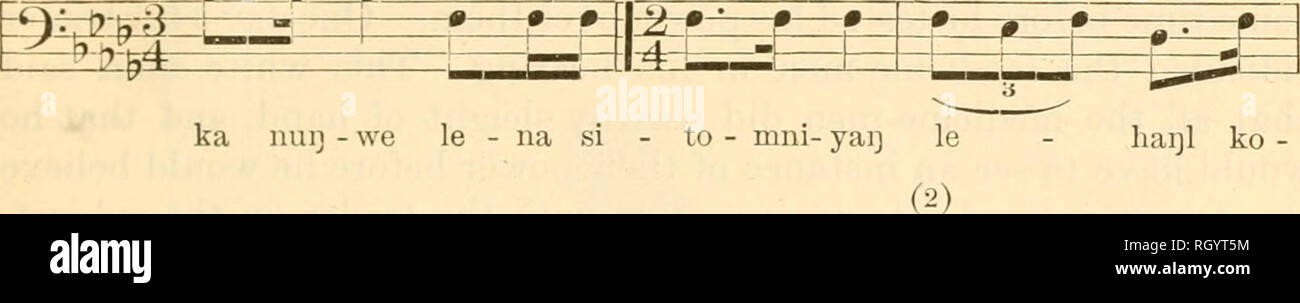 . Bulletin. Ethnology. DENSMORE] TETON SIOUX MUSIC 209 No. 59. &quot;May You Behold a Sacred Stone Nation&quot; (Catalogue No. 602) Sung by Brave Buffalo Voice J.-80 Dkdm J:^ 168 Drum-rhythm similar to No. 19 (1) Ko - la - pi - la le (2) hai]l ko - la waq - la i» Sfci &quot;t; ^^ -^—-jir-4- Z± li' 4 ^ J 1—^'- --'—5—ih^ ka nui]-we o tuq-kai] le o - ya - te war) ko-la wai]-la (I) -fL^ ^ ^. r r. -^f-f&gt;-U—m-. s • a •—I- &quot;H 1 ' f ais la waij-la haql ko - ka nuij-we o tuij-kaij le o - ya te wai] ko - la wai] - la - ka nuq- we o - he WORDS kola'pila friends lehagF now kola' friend wagla'ka n Stock Photo